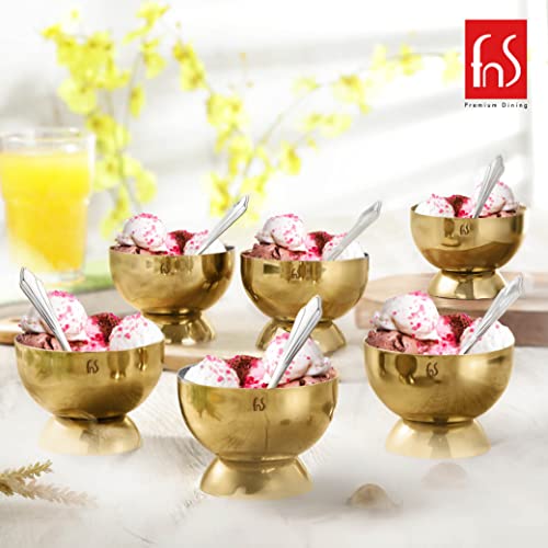 FNS Savory 6 Bowls And 6 Spoons Set For Ice Cream, Dessert, Gulab Jamun, Halwa Katori- Stainless Steel Bowls Set With Spoon |Food Grade Safe | Fancy Serving Bowls For Snacks - Gold, 250 Ml - Image 2