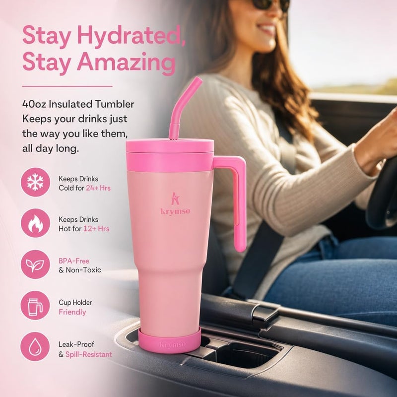 KRYMSO 1200ml Stainless Steel Tumbler with Handle, Straw Lid, Silicon Base, Vacuum Insulated, Leak-Proof, Reusable Travel Mug for Coffee, Smoothie, Water, Iced Drinks with infuser (Pink) - Image 3