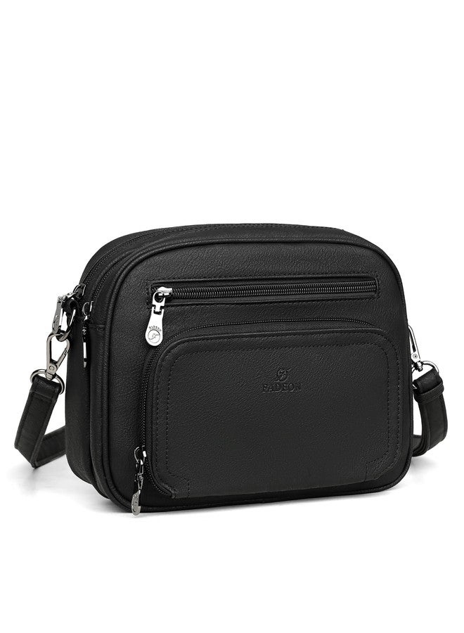 FADEON Crossbody Bags for Women Multi-pocket Leather Crossbody Purses, Designer Shoulder Bag Adjustable Removable Strap (Purse Black 2) - Image 1