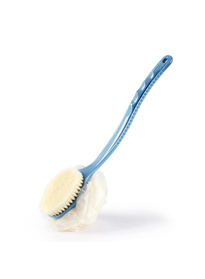 HOMESTAR Double-Sided Exfoliating Bath Ball Brush | Back Scrubber Shower Brush | Long Handle Soft Bristle Body Brush And Massage Brush For Men And Women, 2-In-1 Bath Tool With Curved Long Handle And Mesh Loofah, Dry And Wet Use, Blue, 34*6.7cm - Image 3