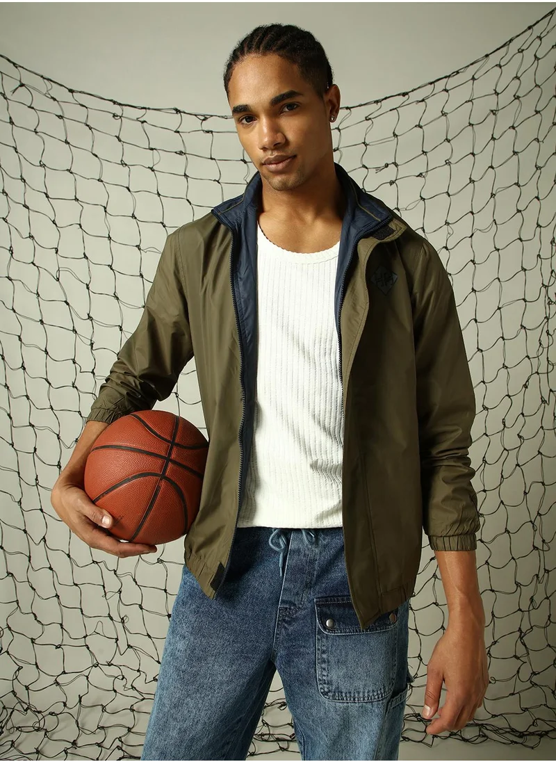 هوبرهولمي Men's Green 100% Polyester Solid Oversized Jacket