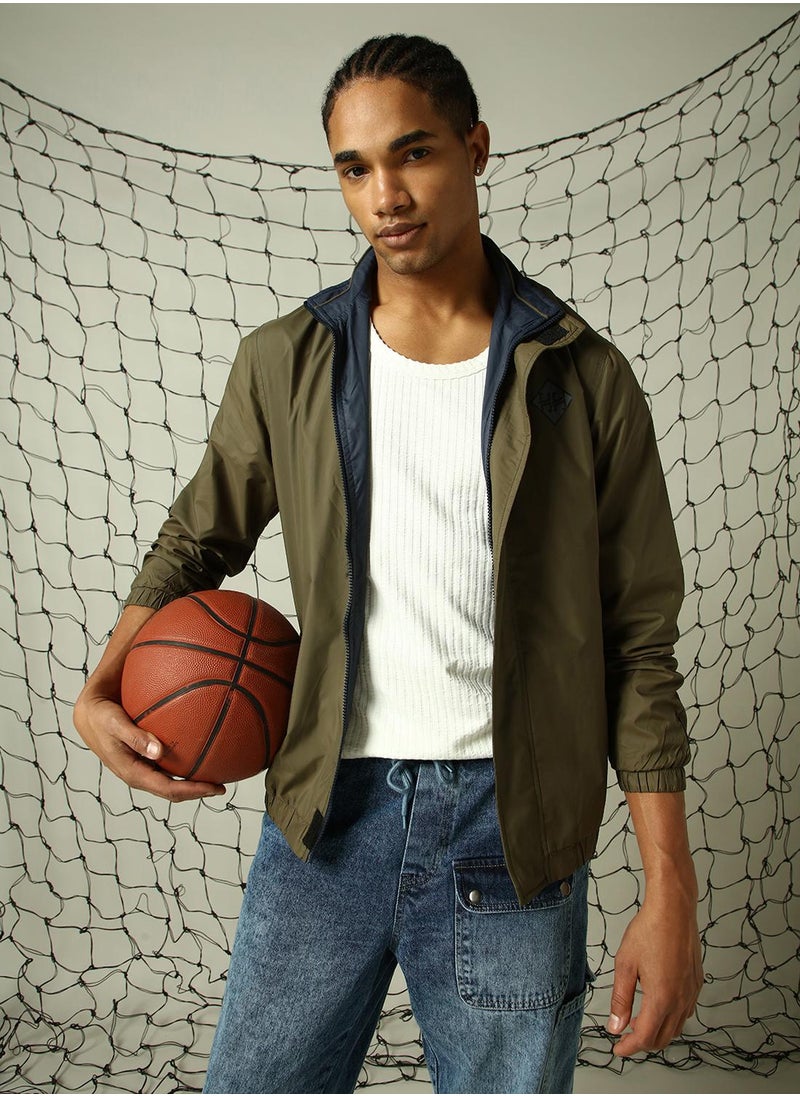 Men's Green 100% Polyester Solid Oversized Jacket