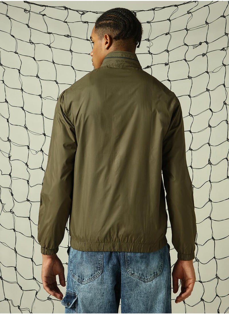 Men's Green 100% Polyester Solid Oversized Jacket