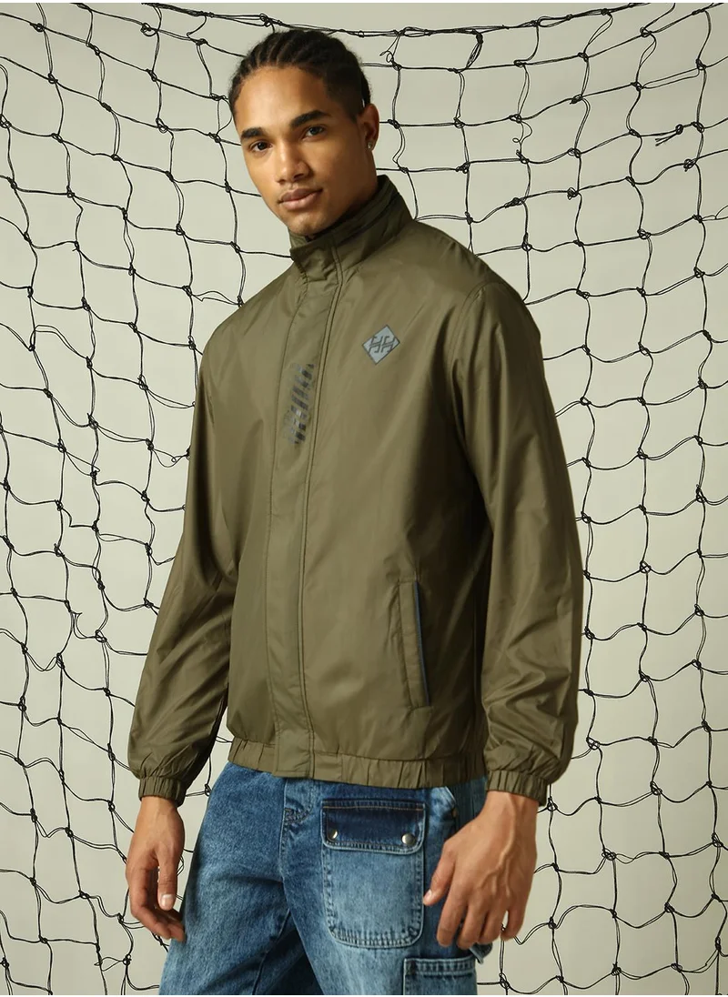 هوبرهولمي Men's Green 100% Polyester Solid Oversized Jacket