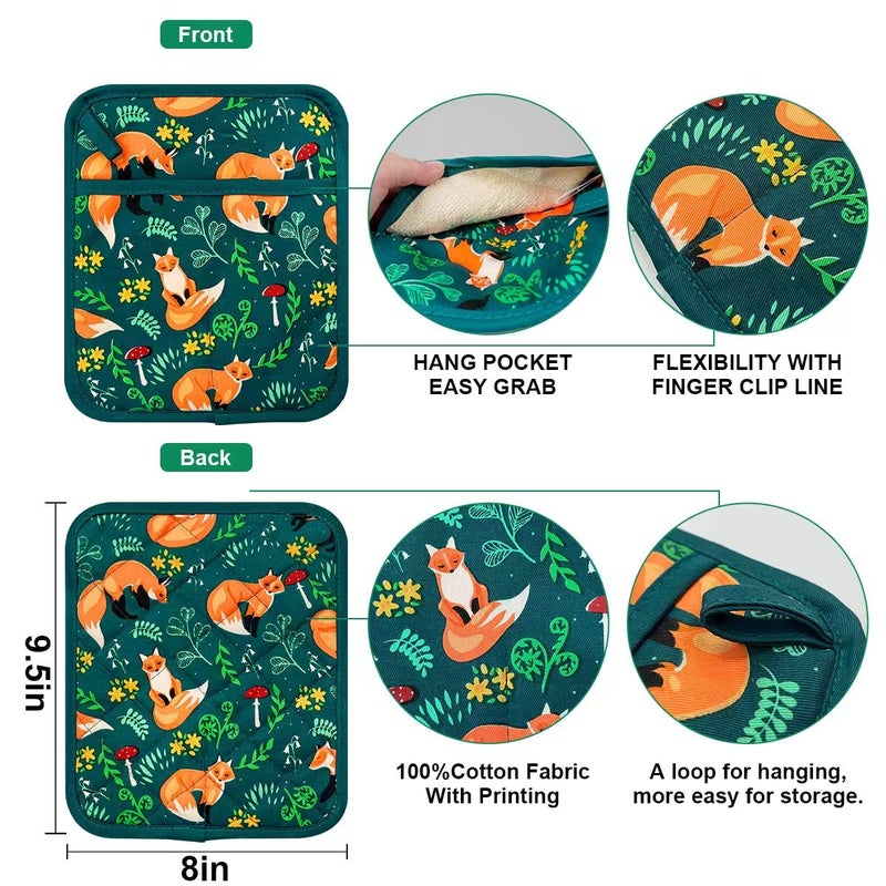 RED LMLDETA Pot Holders Set of 2 Heat Resistant 480? Kitchen 100% Cotton Comfortable Lining Printing Fox Flower Women Men Home Cooking Baking Microwave BBQ Gift(Fox Flower) - Image 1