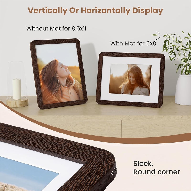 FLYJOE 8.5x11 Picture Frame,Natural Solid Wenge Wood 8.5 x 11 Photo Frame with HD Tempered Glass,Rounded Corner 8.5 by 11 Wooden Frames Matted to 6x8,8.5x11 Frame Wall Decor for Photo,Family,Wedding - Image 4