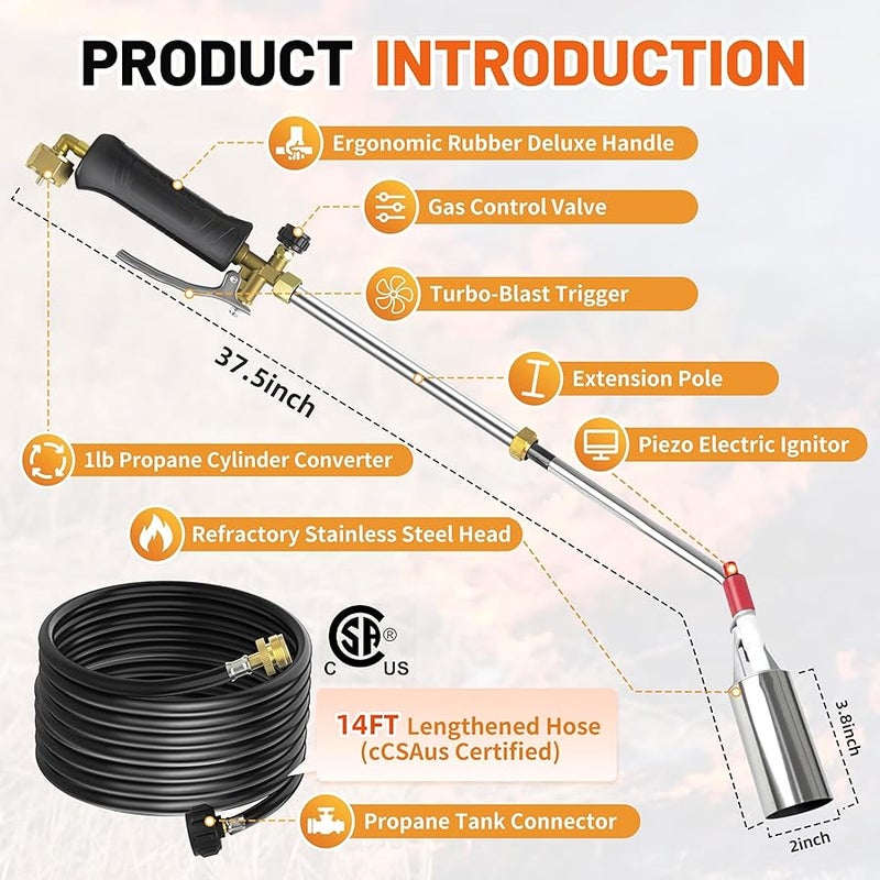 Gusil Propane weed torch,2,800,000 BTU weed burner torch with 14FT hose, Extended detachable blow torch with self-igniter and Turbo Trigger, for Weeding,Roofing,Melting Snow,Road Paint Removing - Image 4
