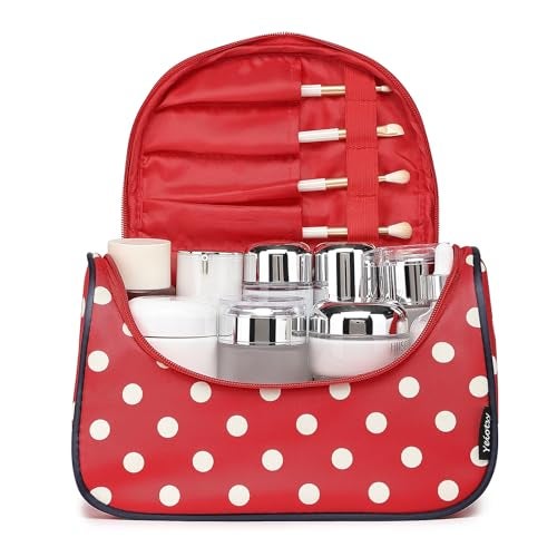 Yeiotsy Travel Cosmetic Bag – Polka Dots Makeup Travel Organizer, Hanging Toiletry Bag for Women (Classic Red) - Image 2