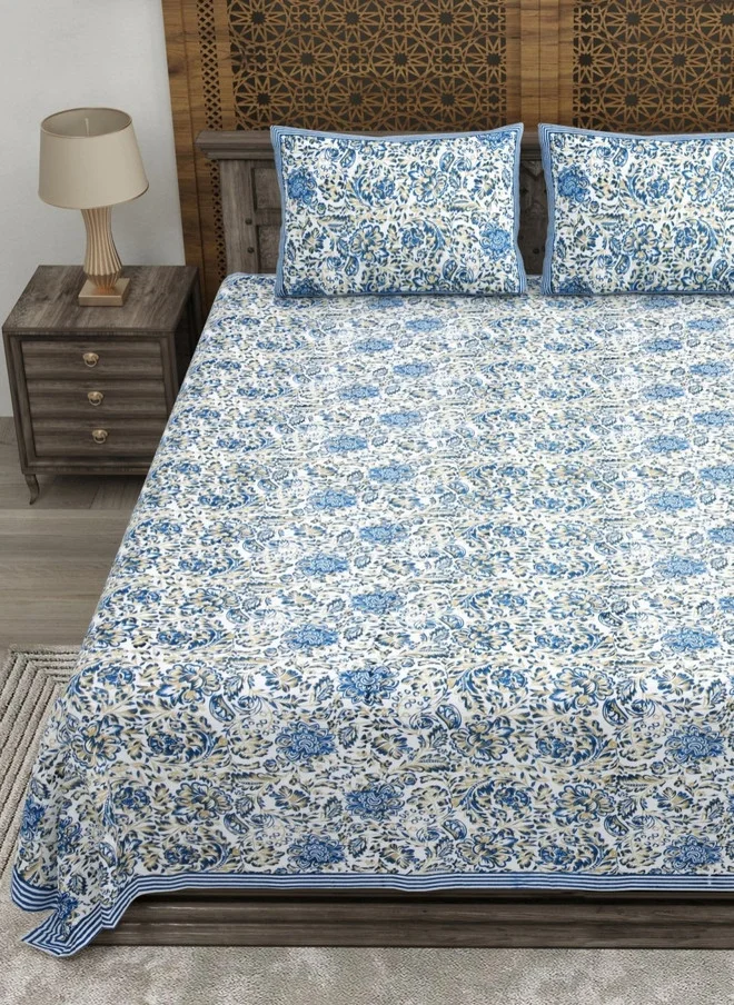 CLOTHOLOGY CLOTHOLOGY White & Blue Printed Pure Cotton 180 TC Double King Bedsheet Set - 2.75m x 2.25m