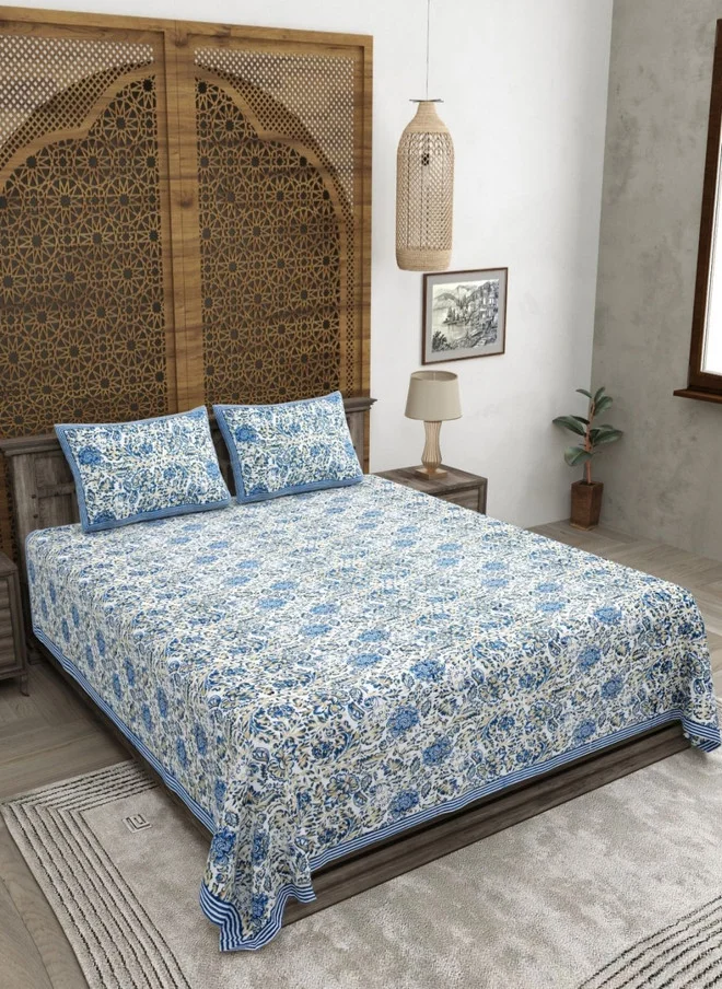 CLOTHOLOGY CLOTHOLOGY White & Blue Printed Pure Cotton 180 TC Double King Bedsheet Set - 2.75m x 2.25m