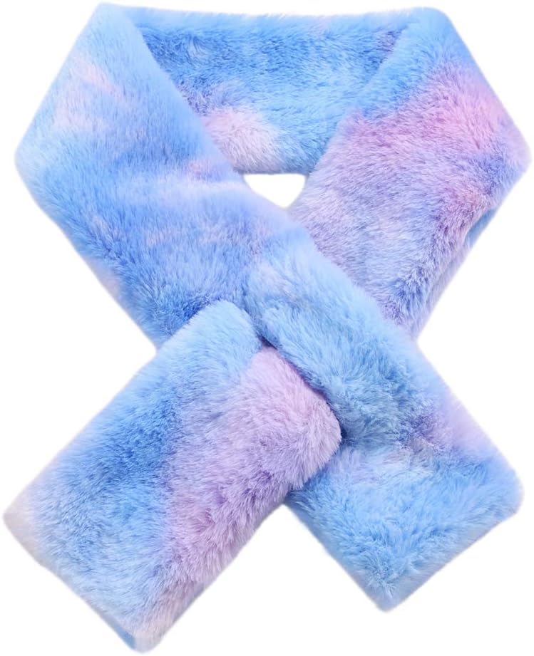 Newfancy Kids Winter Rainbow Scarf Gradient Cross Tie Collar Fluffy Fur Plush Shawl Wrap Neck Warmer for Toddler Girls Boys - Image 1
