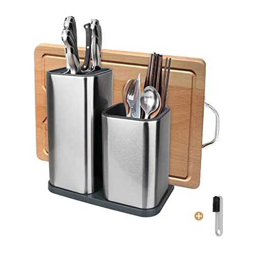 Yimerlen Universal Knife Block Stainless Steel Universal Knife Holder Block Without Knives Modern Kitchen Knife Storage Organizer for Countertop with Cleaning Brush Stainless SteelSilver