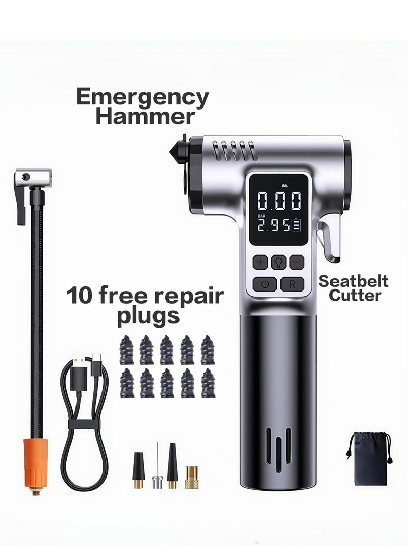 6 In1 Auto Tire Pump Air Compressor Escape Tool, Auto Tire Pump With LED Light With Safety Hammer And Seat Belt Cutter 10 Tire Repair Plugs Included - Image 1