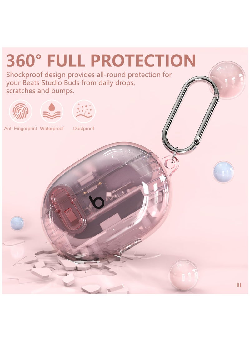 Pink Shockproof Clear Case for Beats Studio Buds Plus and 2021 Models, Secure Lock Cover with Cleaning Kit and Keychain - Image 2