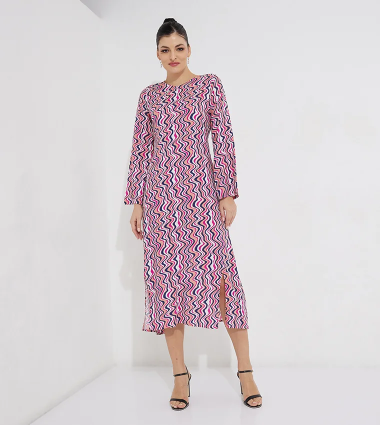 BEVERLY HILLS POLO CLUB Beverly Hills Polo Club Printed Round Neck A-Line Midi Dress