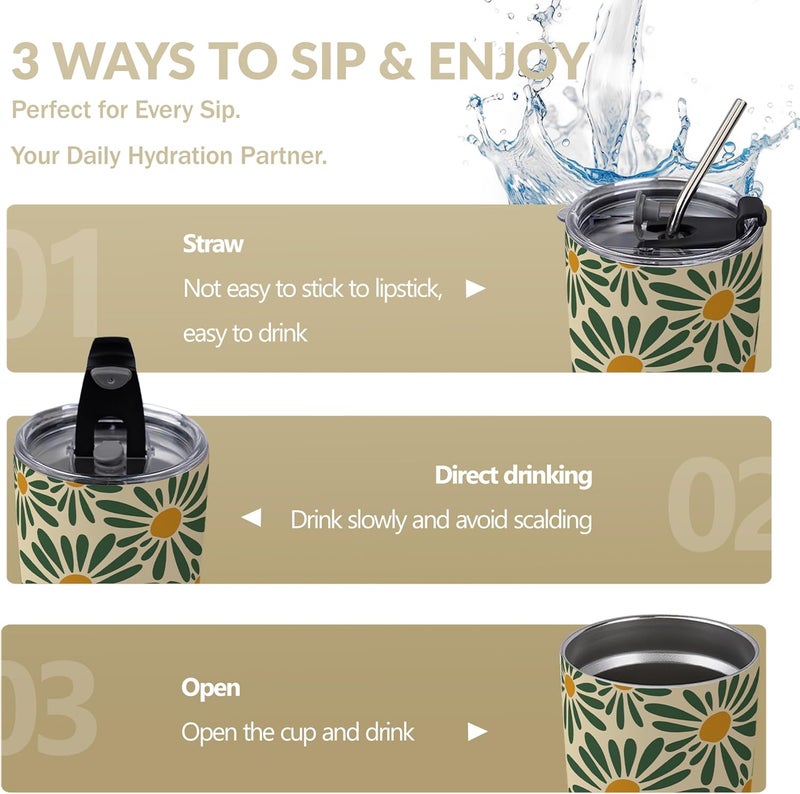 Galadune 20oz Stainless Steel Coffee Mug & Travel Thermos with Straw & Brush - Floral Design - Image 5