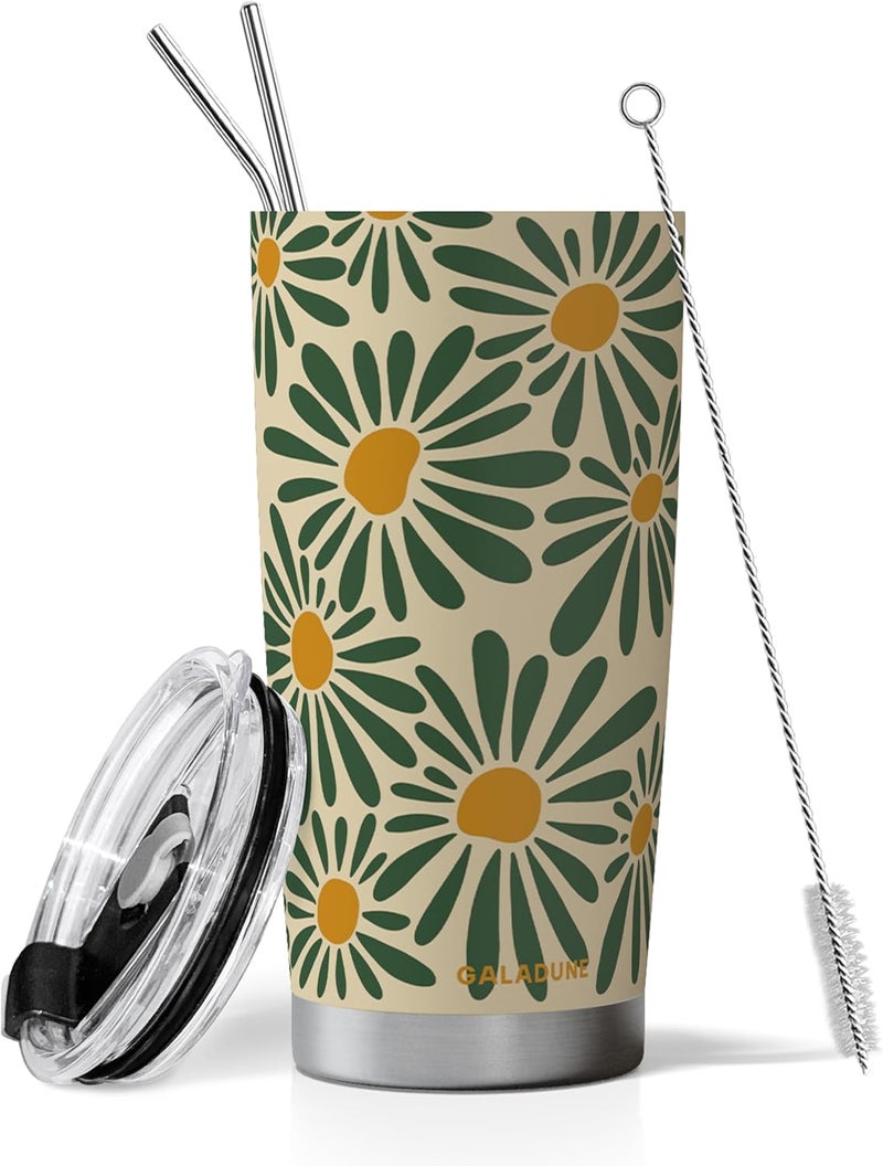 Galadune 20oz Stainless Steel Coffee Mug & Travel Thermos with Straw & Brush - Floral Design - Image 1
