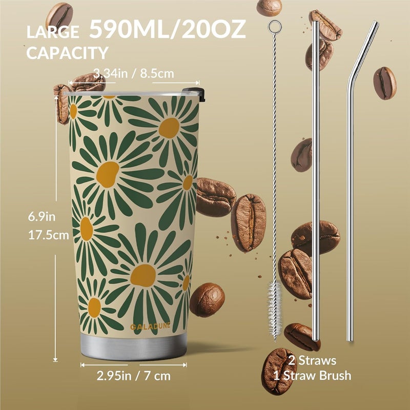 Galadune 20oz Stainless Steel Coffee Mug & Travel Thermos with Straw & Brush - Floral Design - Image 3