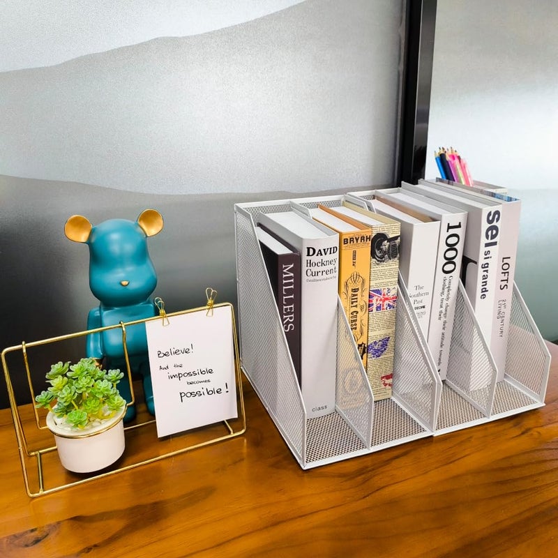 RHONZHAO 2 Set Desk Organizers, Metal Desk Magazine File Holder and 1 Pen Holder, 2 Compartments Mesh File Holder, Mesh Desktop Organizer and Storage (white) - Image 2