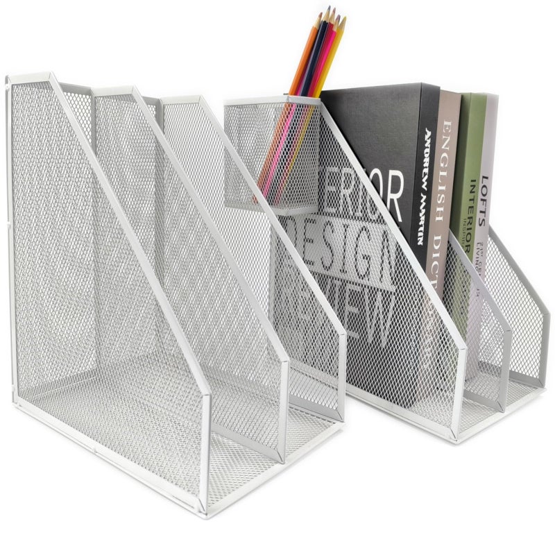 RHONZHAO 2 Set Desk Organizers, Metal Desk Magazine File Holder and 1 Pen Holder, 2 Compartments Mesh File Holder, Mesh Desktop Organizer and Storage (white) - Image 1