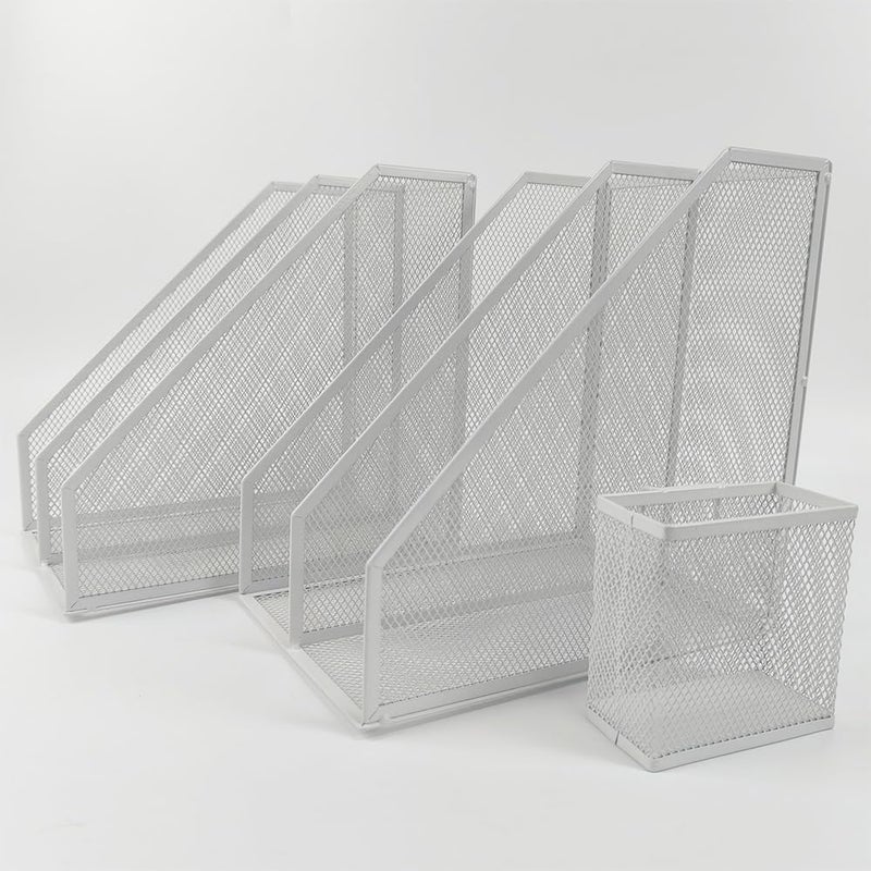 RHONZHAO 2 Set Desk Organizers, Metal Desk Magazine File Holder and 1 Pen Holder, 2 Compartments Mesh File Holder, Mesh Desktop Organizer and Storage (white) - Image 3