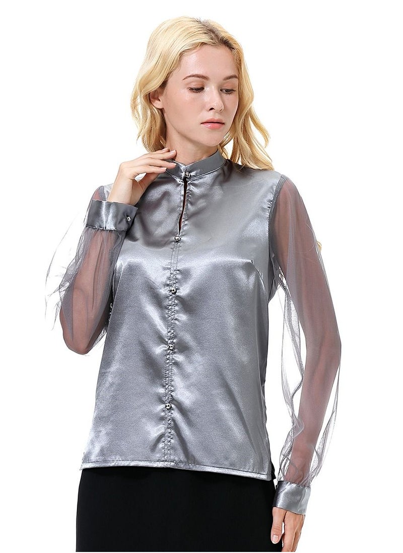 إسكدنيا - Women's Solid Color Imitated Silk Fabric Long Sleeve Blouse Shirt Grey - Image 1