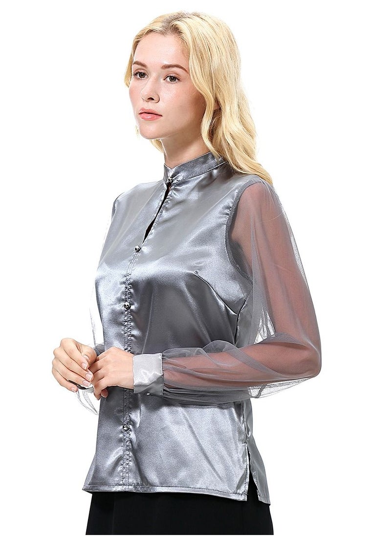 إسكدنيا - Women's Solid Color Imitated Silk Fabric Long Sleeve Blouse Shirt Grey - Image 1