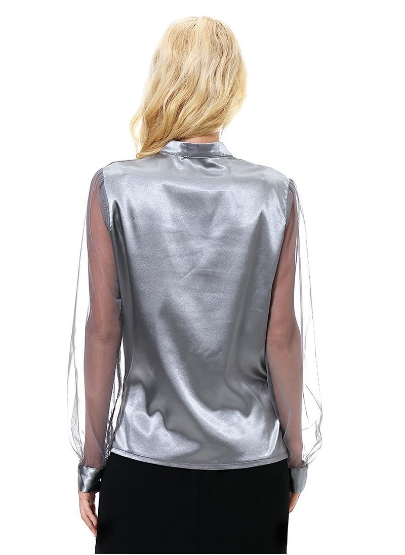 إسكدنيا - Women's Solid Color Imitated Silk Fabric Long Sleeve Blouse Shirt Grey - Image 1