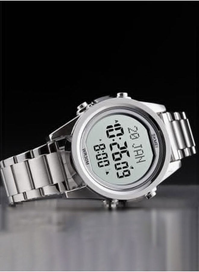 SKMEI - Digital Watch for Prayer Qibla Compass Hijri Calendar Bookmark City Selection Function Date Week Alarm Backlight 3ATM Wristb And (Silver) - Image 1