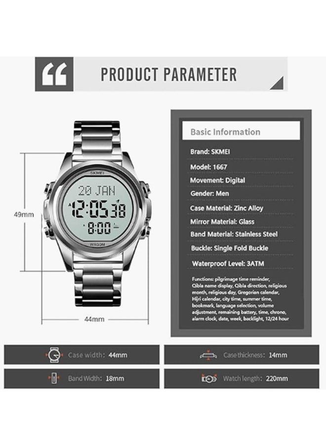 SKMEI - Digital Watch for Prayer Qibla Compass Hijri Calendar Bookmark City Selection Function Date Week Alarm Backlight 3ATM Wristb And (Silver) - Image 1