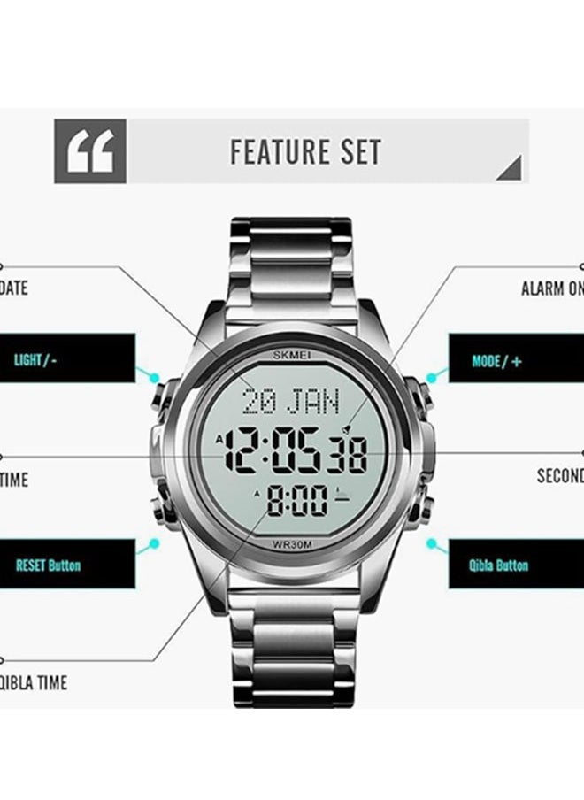 SKMEI - Digital Watch for Prayer Qibla Compass Hijri Calendar Bookmark City Selection Function Date Week Alarm Backlight 3ATM Wristb And (Silver) - Image 1