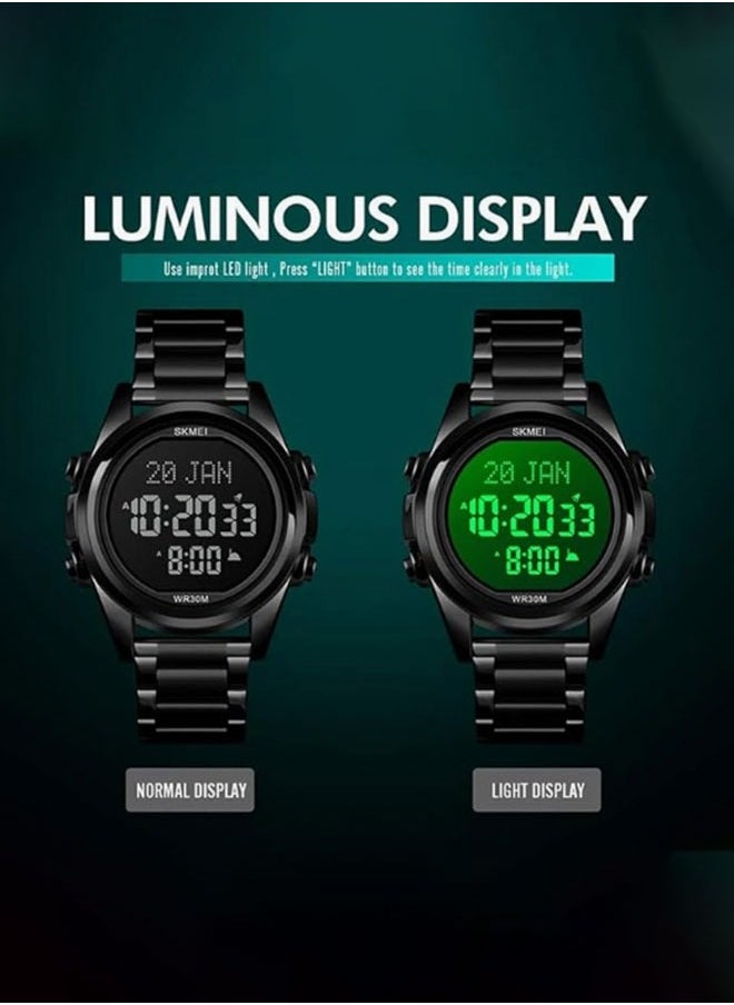 SKMEI - Digital Watch for Prayer Qibla Compass Hijri Calendar Bookmark City Selection Function Date Week Alarm Backlight 3ATM Wristb And (Silver) - Image 1