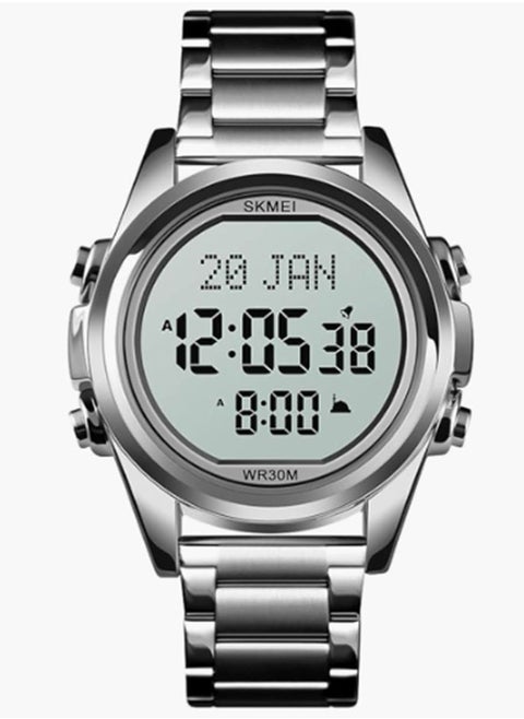 Digital Watch for Prayer Qibla Compass Hijri Calendar Bookmark City Selection Function Date Week Alarm Backlight 3ATM Wristb And (Silver)