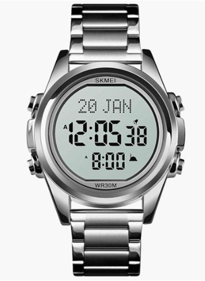 SKMEI - Digital Watch for Prayer Qibla Compass Hijri Calendar Bookmark City Selection Function Date Week Alarm Backlight 3ATM Wristb And (Silver) - Image 1