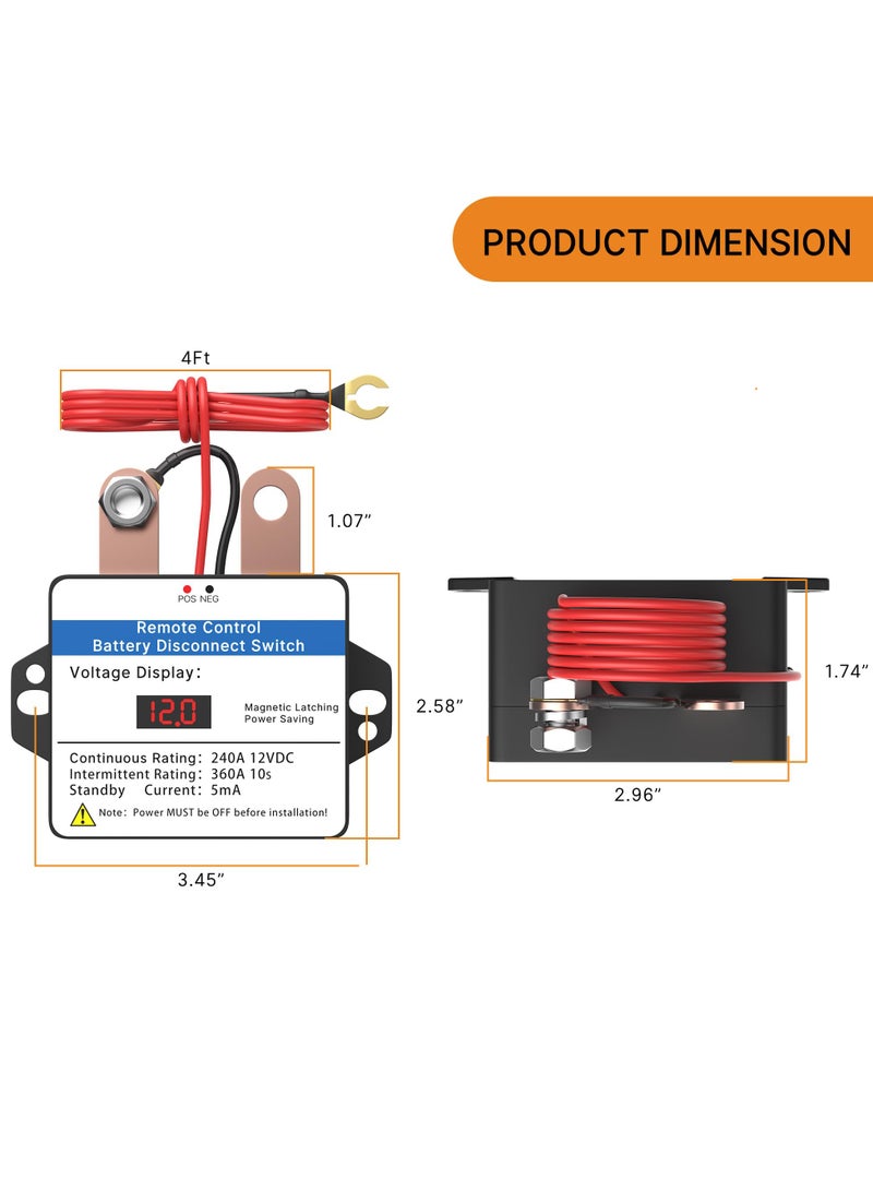 12V 360A Remote Battery Disconnect Switch with LED Voltmeter and Anti-Theft Control, Includes 2 Wireless Fobs for Cars, Trucks and Boats - Image 2