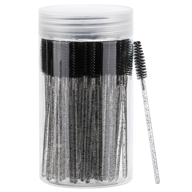 Tbestmax 100 Pcs Disposable Mascara Wands, Crystal Eyebrow Spoolies Brush for Eyelash Extensions, Black Lash Brushes with Container - Image 1