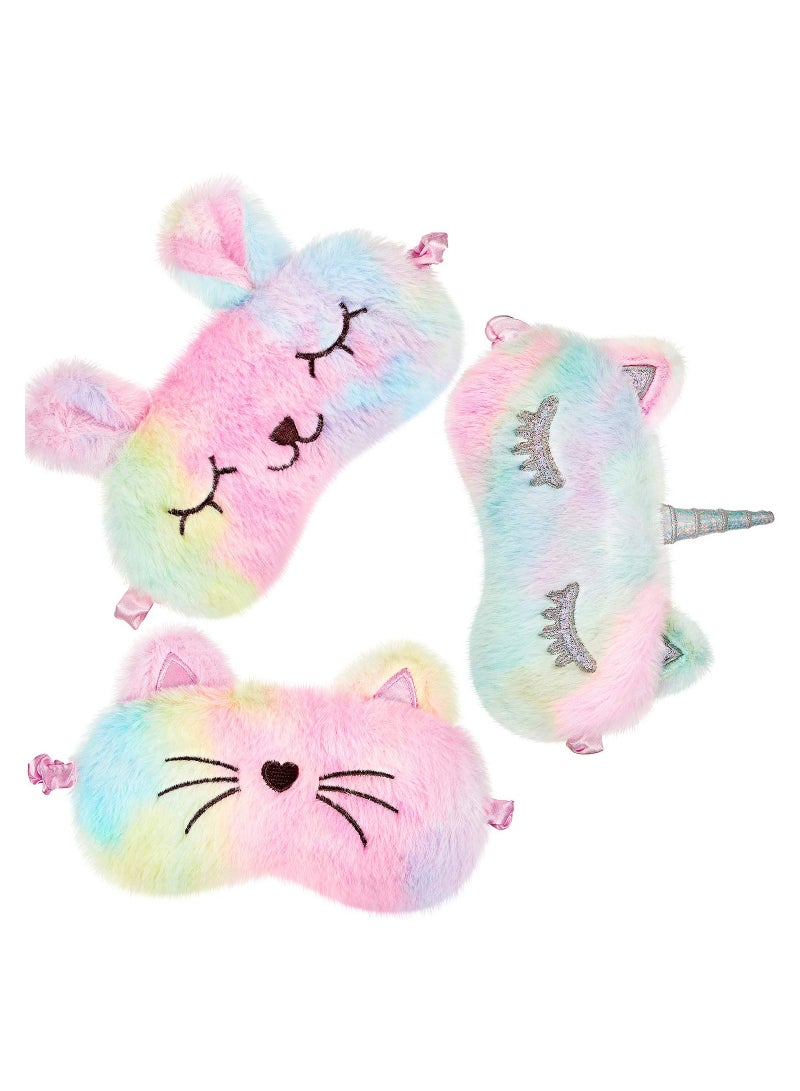 SYOSI Plush Sleeping Eye Cover 3 Pieces Soft Funny Eye Blindfold Cat Sleep Eye Cover Animal Sleeping Eye Shade for Kids Girls and Adult Travel (Bunny, Cat and Unicorn Style, Rainbow Color) - Image 1