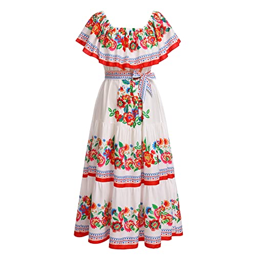 IKADEX Women Mexican Dress Off Shoulder Floral Long Maxi Dress Summer Beach Party Cinco de Mayo Dresses with Belt White S - Image 1