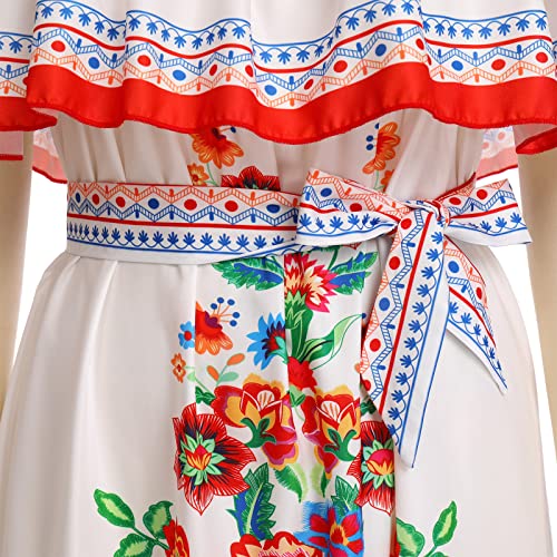 IKADEX Women Mexican Dress Off Shoulder Floral Long Maxi Dress Summer Beach Party Cinco de Mayo Dresses with Belt White S - Image 5