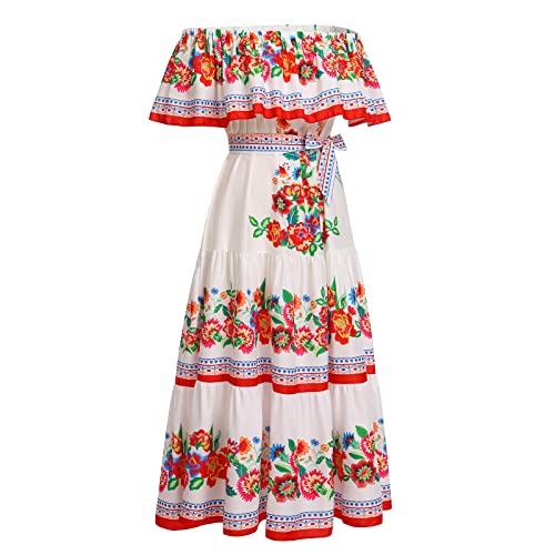 IKADEX Women Mexican Dress Off Shoulder Floral Long Maxi Dress Summer Beach Party Cinco de Mayo Dresses with Belt White S - Image 2