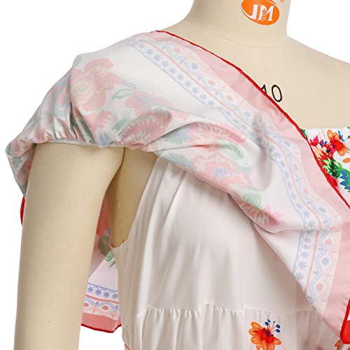 IKADEX Women Mexican Dress Off Shoulder Floral Long Maxi Dress Summer Beach Party Cinco de Mayo Dresses with Belt White S - Image 4