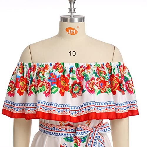 IKADEX Women Mexican Dress Off Shoulder Floral Long Maxi Dress Summer Beach Party Cinco de Mayo Dresses with Belt White S - Image 3