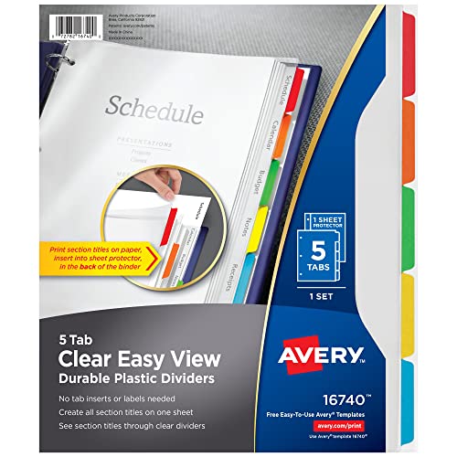 Avery Clear Easy View Durable Plastic Dividers for 3 Ring Binders, 5-Tab Set, Bright Multicolor, 1 Set (16740) - Image 1