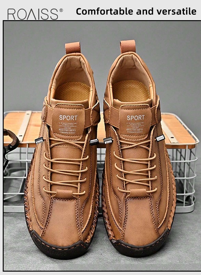 roaiss Casual Leather Loafers for Men Stylish Versatile Retro Slip-On Soft Bottom Wear Resistant Flat Shoes for Driving Comfy and Breathable Ankle Boots with Stitch Decor for Outdoor Hiking  - Image 4