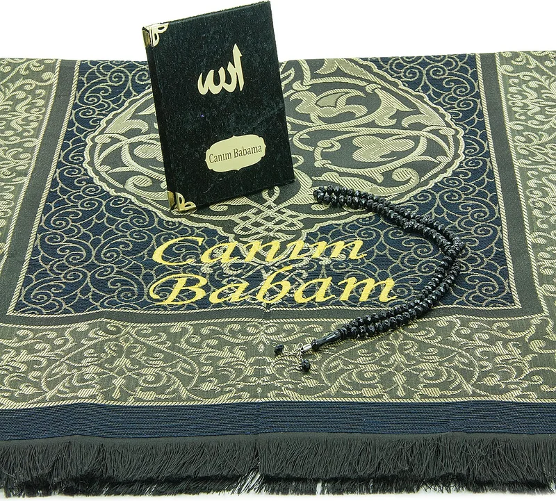 ايهفان اونلاين Ihvan Online Father's Day Prayer Rug Set with Prayer Beads and Yasin Book Personalized Black