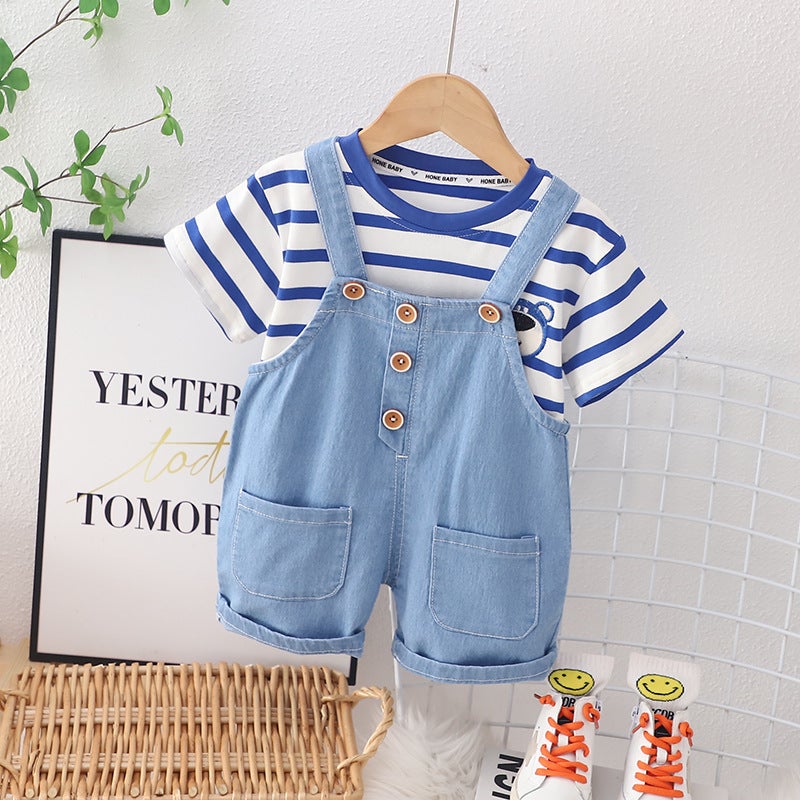 Summer mens and womens childrens suit summer new Korean style childrens cartoon striped short sleeve strap shorts two-piece set Blue 