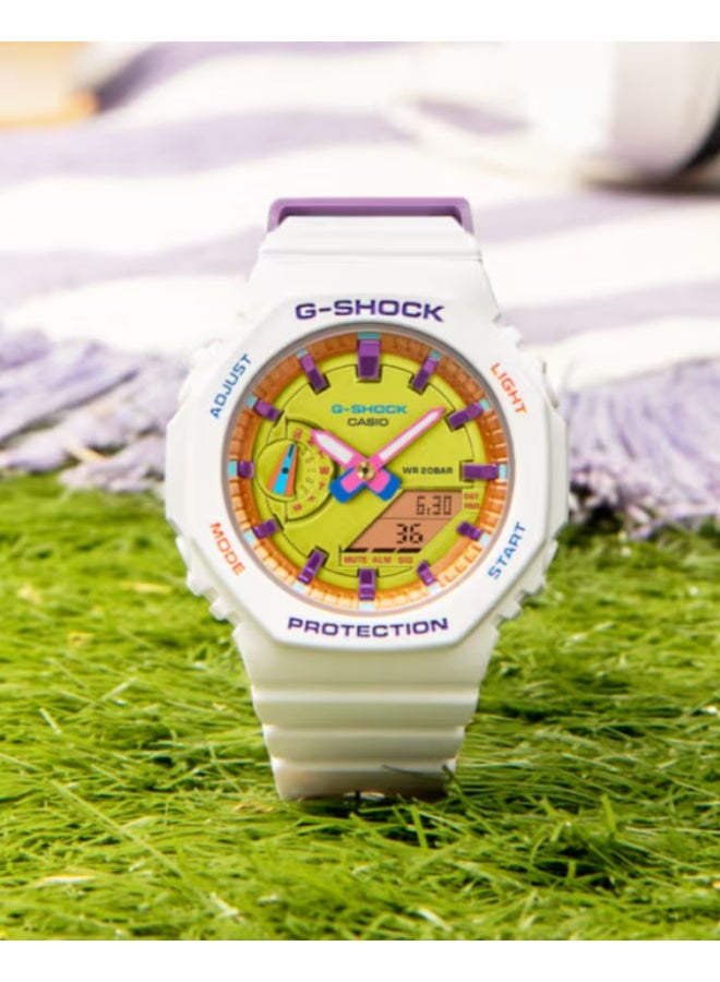 G-SHOCK ساعة أنالوج-ديجيتال GMA‑S2100BS‑7A، 42.9 مم قرص أصفر، حزام ريزين أبيض، مقاومة للصدمات، 200 م مقاومة للماء - Image 1