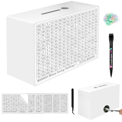 Gomyrod Wooden Money Saving Box Cash Vault Savings Box for 10000 5000 3000 1000 800 500 Target Money Saving Challenge Reusable Money Box with Counter Dry Erase PenSavings TrackersRubber BandWhite - Image 1