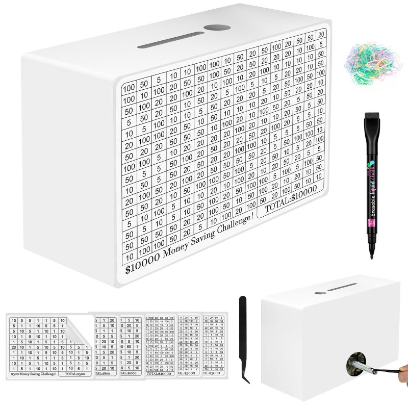Gomyrod Wooden Money Saving Box Cash Vault Savings Box for 10000 5000 3000 1000 800 500 Target Money Saving Challenge Reusable Money Box with Counter Dry Erase PenSavings TrackersRubber BandWhite - Image 2
