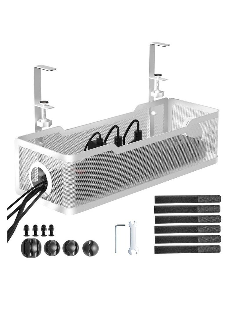 Arabest Under Desk Cable Management Tray, Metal Long Arms(3.9in), No Drill Mesh Desk Cable Tray, Wire Management Tray Cable Management Box for Office, Desk Cable Tray Wire Organizer, 1 Pack, White